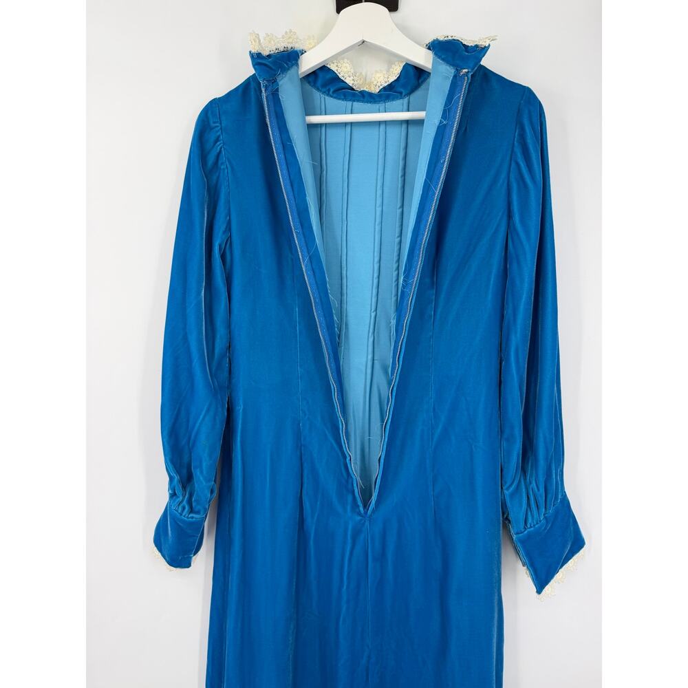 Vintage Handmade Blue Velvet Maxi Dress Lace Trim Prairie Victorian Cottagecore - Picture 9 of 16